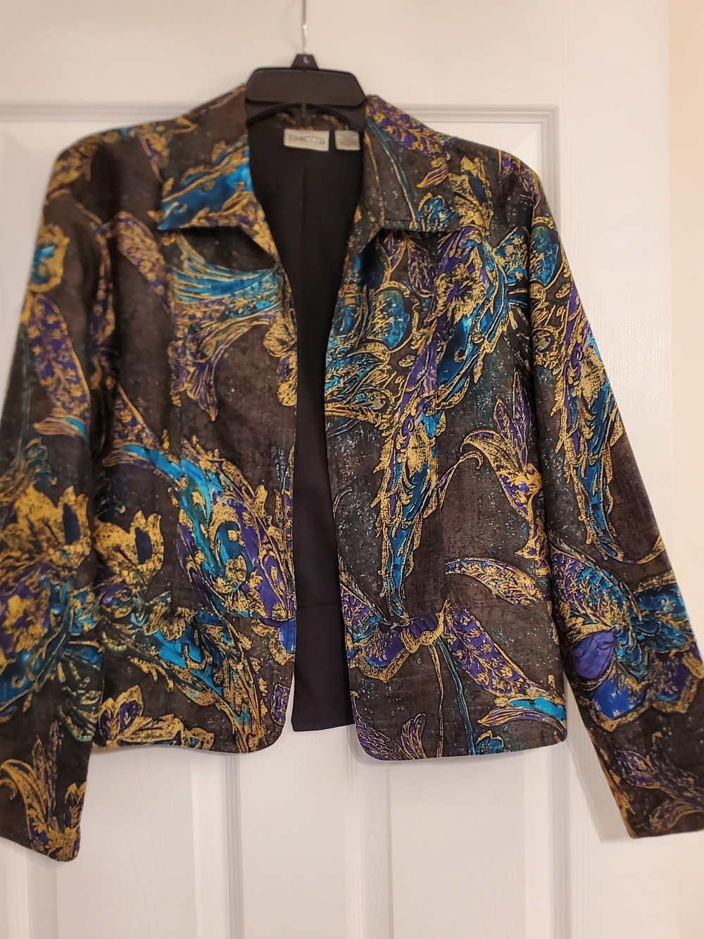Chico's Vintage 100% Silk Blazer Jacket Size M Blue Gold Baroque Paisley Boho